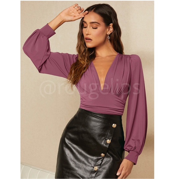 Dusty Mauve Elegant V neck Bodysuit Long Bishop Sleeves Stretchy Ruched Waist - Picture 4 of 10